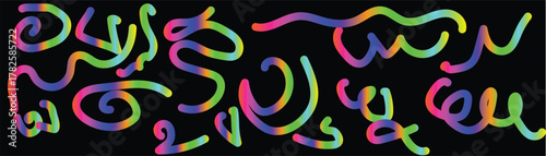 Playful Neon Curves In Rainbow Colors Against Black Backdrop A Vibrant Display With Rounded Swirls And Arcs Of Electric Hues Making Bold And Energetic Statement Against Stark Darkness