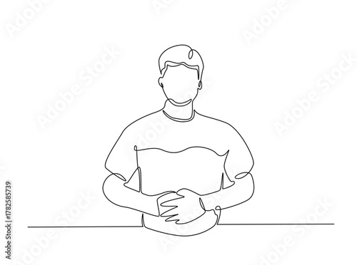 A man holds his stomach with a pained expression outline draw illustration. Continuous line art drawing of Man Suffering From Stomach Ache. Editable stroke.