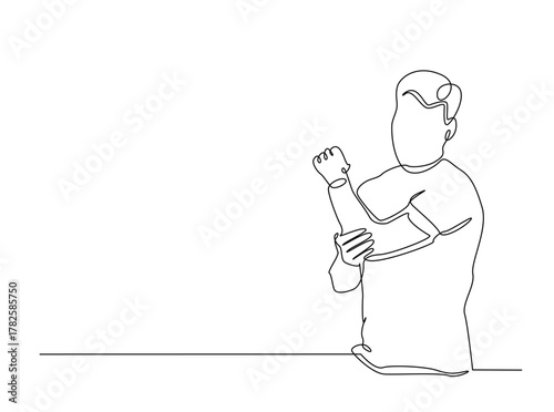 Man suffering from elbow joint pain outline draw illustration. Continuous line art drawing of Man having elbow pain soreness from injury. Editable stroke.