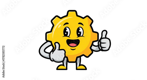 Cute Orange Gear Character Giving Thumbs Up Cartoon Illustration for Mechanical Engineering, Automation, Machinery, STEM Education, Industrial Design, and Positive Motivation Concepts