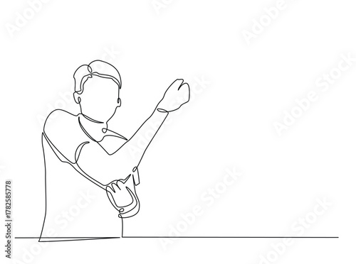 Man suffering from elbow joint pain outline draw illustration. Continuous line art drawing of Man having elbow pain soreness from injury. Editable stroke.