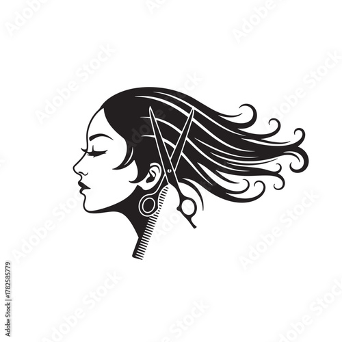 Stylized profile of a womans head with flowing hair and scissors, representing hairdressing and beauty