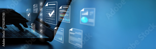 Document management concept, check electronic documents on digital documents on virtual screen Document Management System and process automation to efficiently document paperless operate