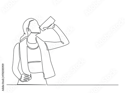 Sporty woman drinking water from the bottle outline draw illustration. Continuous line art drawing of Sporty woman drinking water from the bottle. Editable stroke.