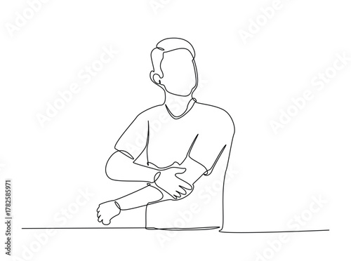 Man suffering from elbow joint pain outline draw illustration. Continuous line art drawing of Man having elbow pain soreness from injury. Editable stroke.