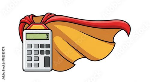 Superhero Calculator with Red Cape and Zero Display Cartoon Illustration for Math Education, Financial Literacy, STEM Learning, Accounting Tools, and Fun Number Crunching Concepts