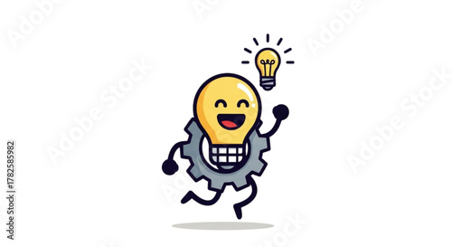 Cute Light Bulb Gear Character with Bright Idea Cartoon Illustration for Innovation, Creativity, Brainstorming, STEM Education, Technology Solutions, and Engineering Inspiration