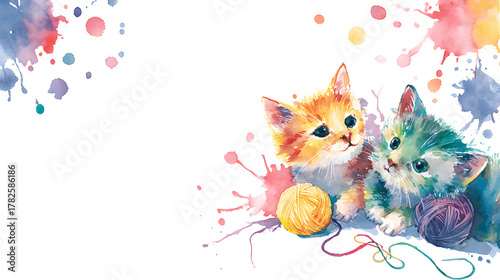 Cute watercolor kittens playing with yarn, colorful paint splashes, thin white border, modern background for birthday or card design.