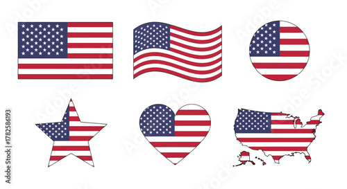 Wallpaper Mural Set of united states of america flag in different shapes national flag in star, heart, circle, map, rectangle and waving shapes Torontodigital.ca