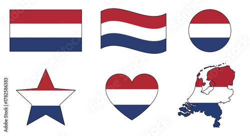 Various representations of the dutch flag, including a rectangle, a wave, a circle, a star, a heart, and a map of netherlands