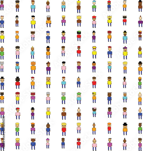 Collection of 100 pixel art cartoon characters with diverse appearances and outfits Robotic cartoon Characters set