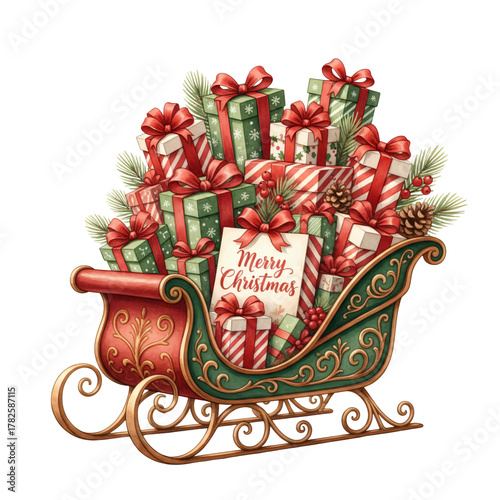 Ornate sleigh overflowing with wrapped christmas presents and merry christmas card