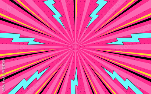 Comic pop art background. Comic book background with thunder and lightning in halftone style.