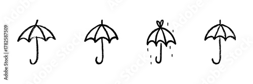 Umbrella Line Icon Set In Doodle Style. Weather Protection, Rainy Day, And Shelter Outline Sketch Collection. Hand Drawn Isolated Vector Illustration