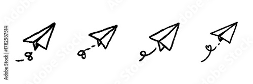 Paper Airplane Line Icon Set In Doodle Style. Communication, Creativity, And Freedom Outline Sketch Collection. Hand Drawn Isolated Vector Illustration