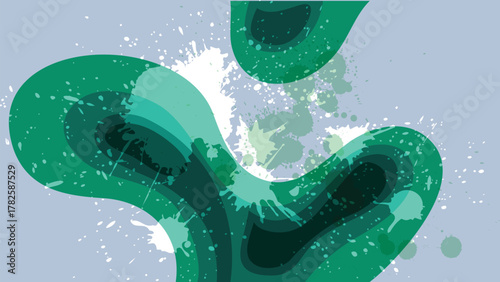Abstract organic shapes in green and teal with paint splatters