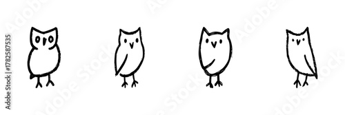 Four Cute Owl Line Icons In Doodle Style. Whimsical Bird Illustrations For Nature And Wildlife Themes. Hand Drawn Isolated Vector Illustration