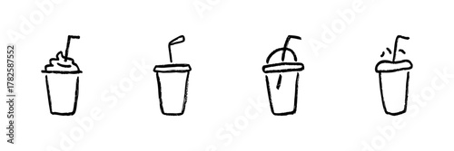 Various Beverage Cups With Straws Line Icon Set In Doodle Style. Refreshing Drinks, Smoothies, And Cold Beverages Outline Sketch Collection. Hand Drawn Isolated Vector Illustration