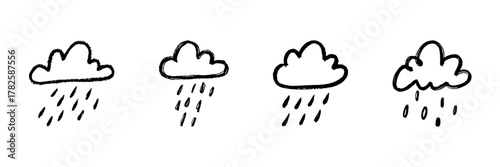Cloud With Rain Line Icon Set In Doodle Style. Weather Forecast, Rainy Season, And Climate Change Outline Sketch Collection. Hand Drawn Isolated Vector Illustration