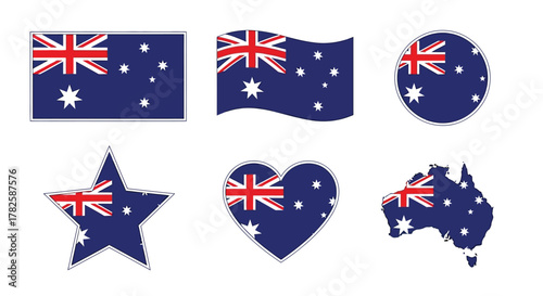 Set of australia flag icons in various shapes, including square, waving, circle, star, heart and map shapes