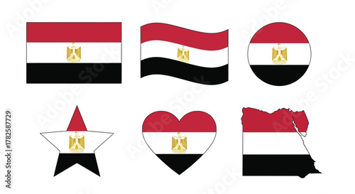 Various shapes of the egypt flag, including a rectangle, a wave, a circle, a star, a heart, and the countrys map
