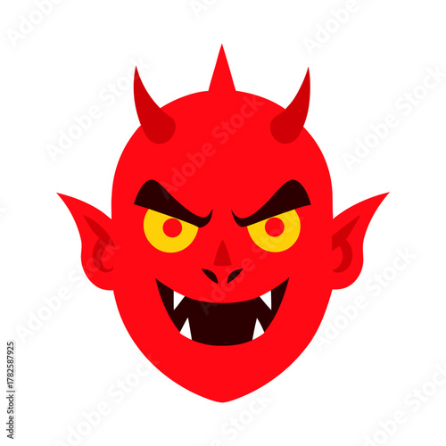 Red devil face with horns and sharp teeth