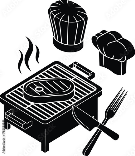 Grilling a steak with chef hats and utensils