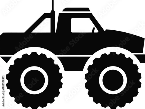 Black silhouette of a monster truck with large tires on a white background