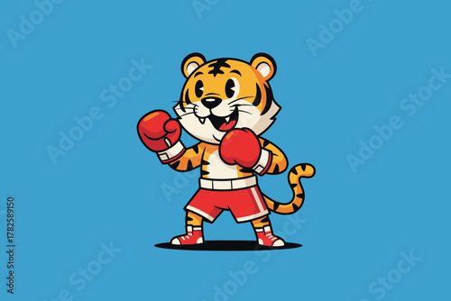 Cute Cartoon Tiger Boxer Ready to Fight with Red Gloves.