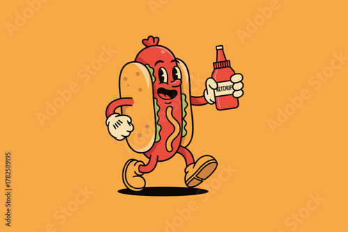 Retro Cartoon Hot Dog Character Walking with Ketchup Bottle.