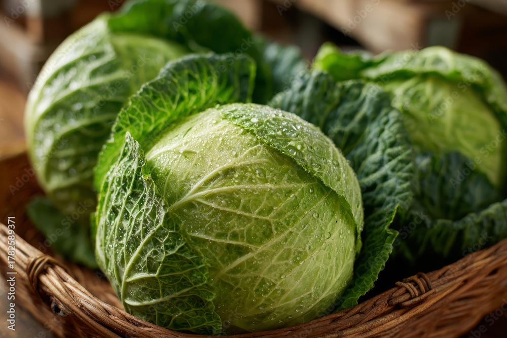 Fototapeta premium Savoy cabbage harvest in wicker basket with fresh dew drops glistening in soft light, displaying natural textures, healthy and organic produce, vibrant green leaves.