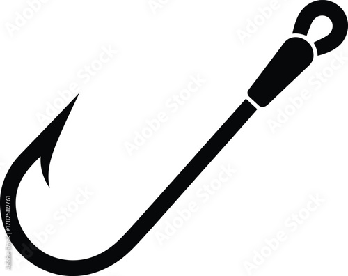 Simple black silhouette of a fishing hook on a white background