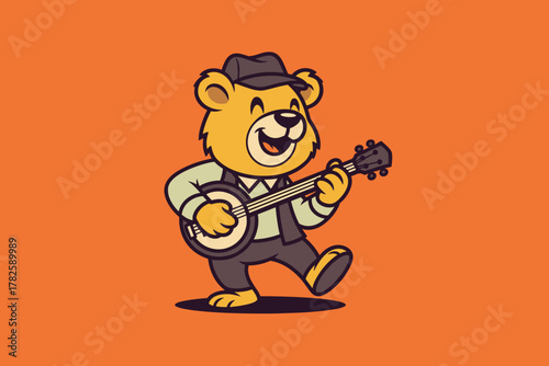Happy Cartoon Bear Playing Banjo with Hat and Vest.