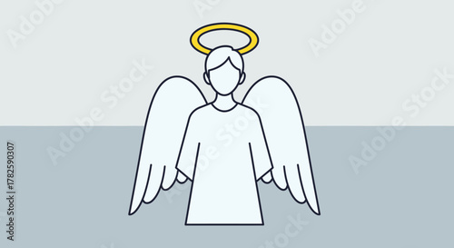 An illustration of an angel with a halo and wings, depicted in a simple, minimalist style.