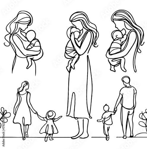 Illustration Pregnant woman silhouettes set, maternity, pregnancy, motherhood concept. Outline Infants Doodle icons drawing, Symbol Mothers with newborns Line art. Moms and Babies Love Collection
