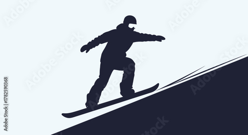 A dark silhouette of a snowboarder in action, gliding down a snowy hill in a minimalist vector style.