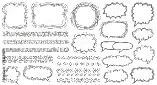 Collection of hand-drawn doodle speech bubbles, borders, and decorative elements in a sketchy style.