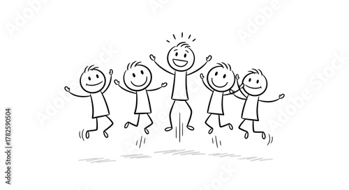 A group of stick figures joyfully jumping in the air with smiles on their faces.
