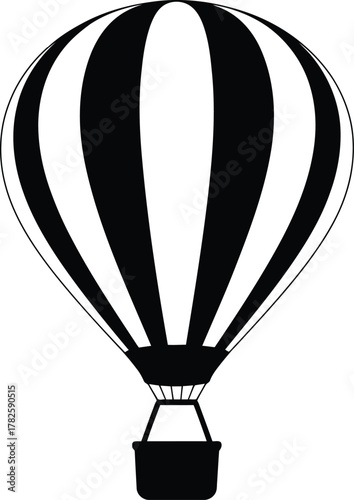 Black and white illustration of a hot air balloon with a basket