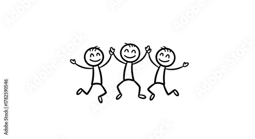 Three happy stick figures holding hands and jumping joyfully together in a line.