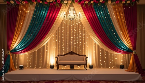 Bohemian Pakistani wedding stage decoration with draped fabrics and fairy lights.