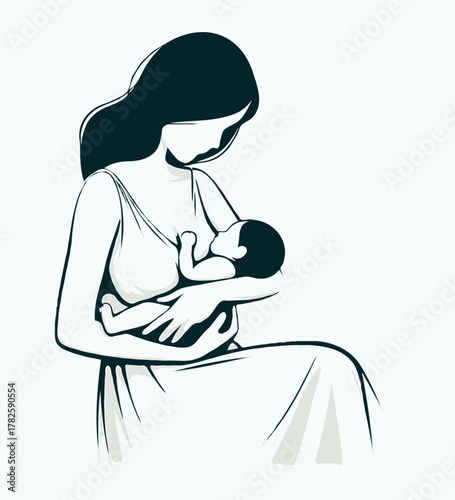 Illustration Pregnant woman silhouettes set, maternity, pregnancy, motherhood concept. Outline Infants Doodle icons drawing, Symbol Mothers with newborns Line art. Moms and Babies Love Collection