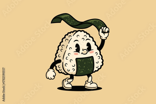 Cute Onigiri Character Holding Nori Seaweed in Retro Cartoon Sty