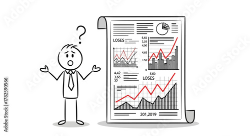 A confused stick figure person looking at complex financial charts and data on a report.