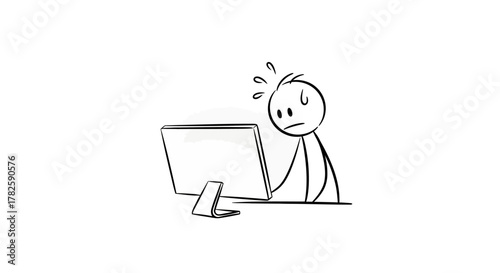 A stick figure looking at a computer screen with a worried expression, sweating.