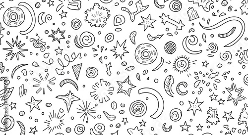 A whimsical black and white seamless pattern of hand-drawn stars, moons, spirals, and other abstract celestial doodles on a white background.