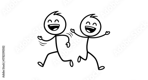 Two happy stick figures joyfully running together with wide smiles and open arms.