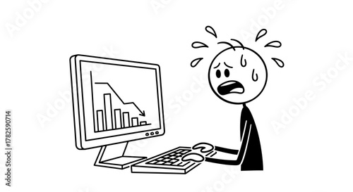 Worried stick figure looking at a computer screen with a falling graph.