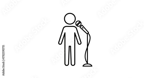 Simple black and white line icon of a person speaking into a microphone on a stand.