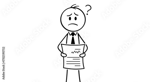 Confused stick figure businessman holding a document with a question mark above his head.